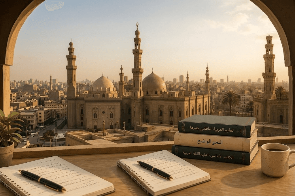 Vue sur une mosquée du Caire avec des livres d'apprentissage de l'arabe