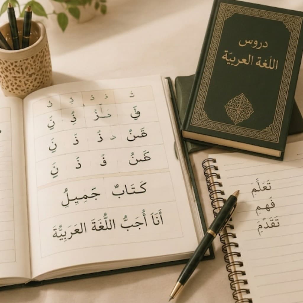 Livres et cahiers d'apprentissage de la lecture arabe sur un bureau